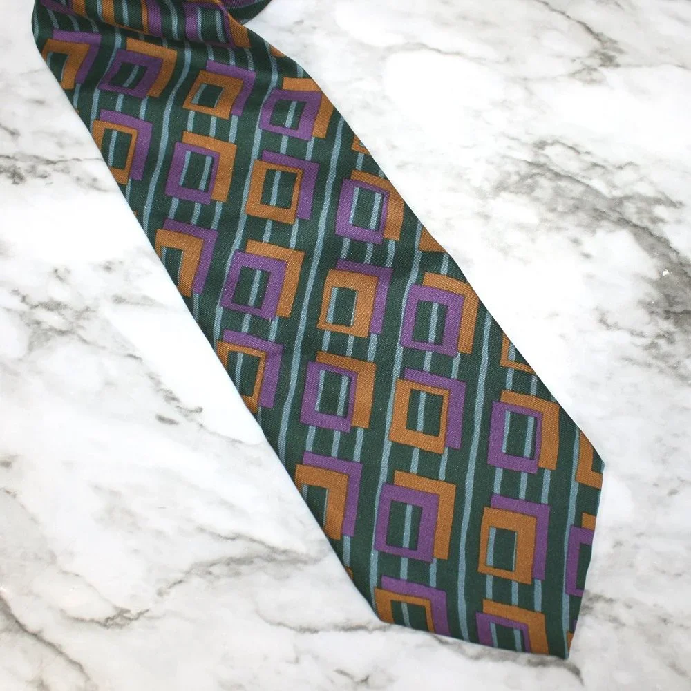 KENNETH COLE Necktie Retro Abstract Geometric Green Purple Stripe Silk Neck Tie